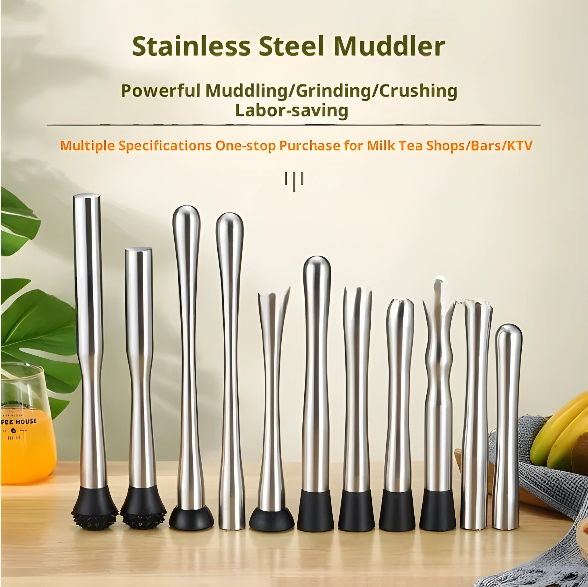 Stainless steel ice crushing hammer with 25cm straight body on a wooden bar surface