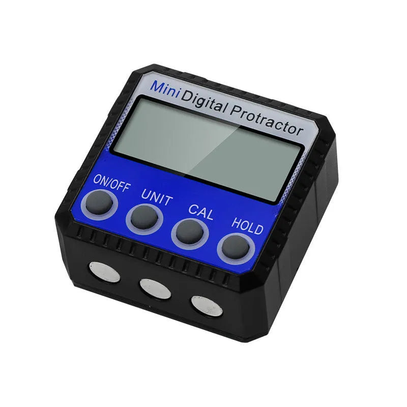 Blue digital inclinometer with magnetic flip base, 52x52x28mm, 4x90° range