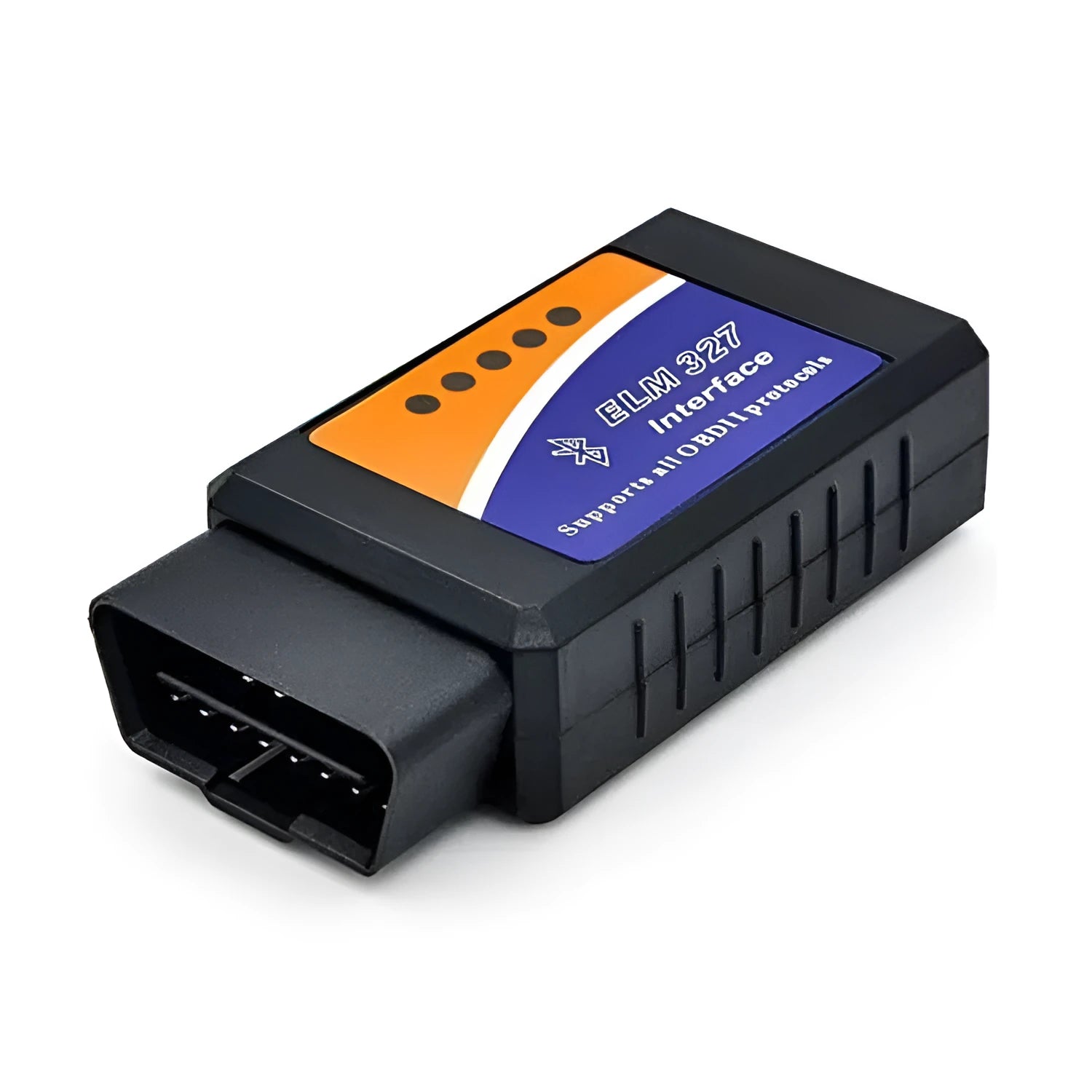 Compact black OBD2 Bluetooth diagnostic scanner for reading car engine fault codes.