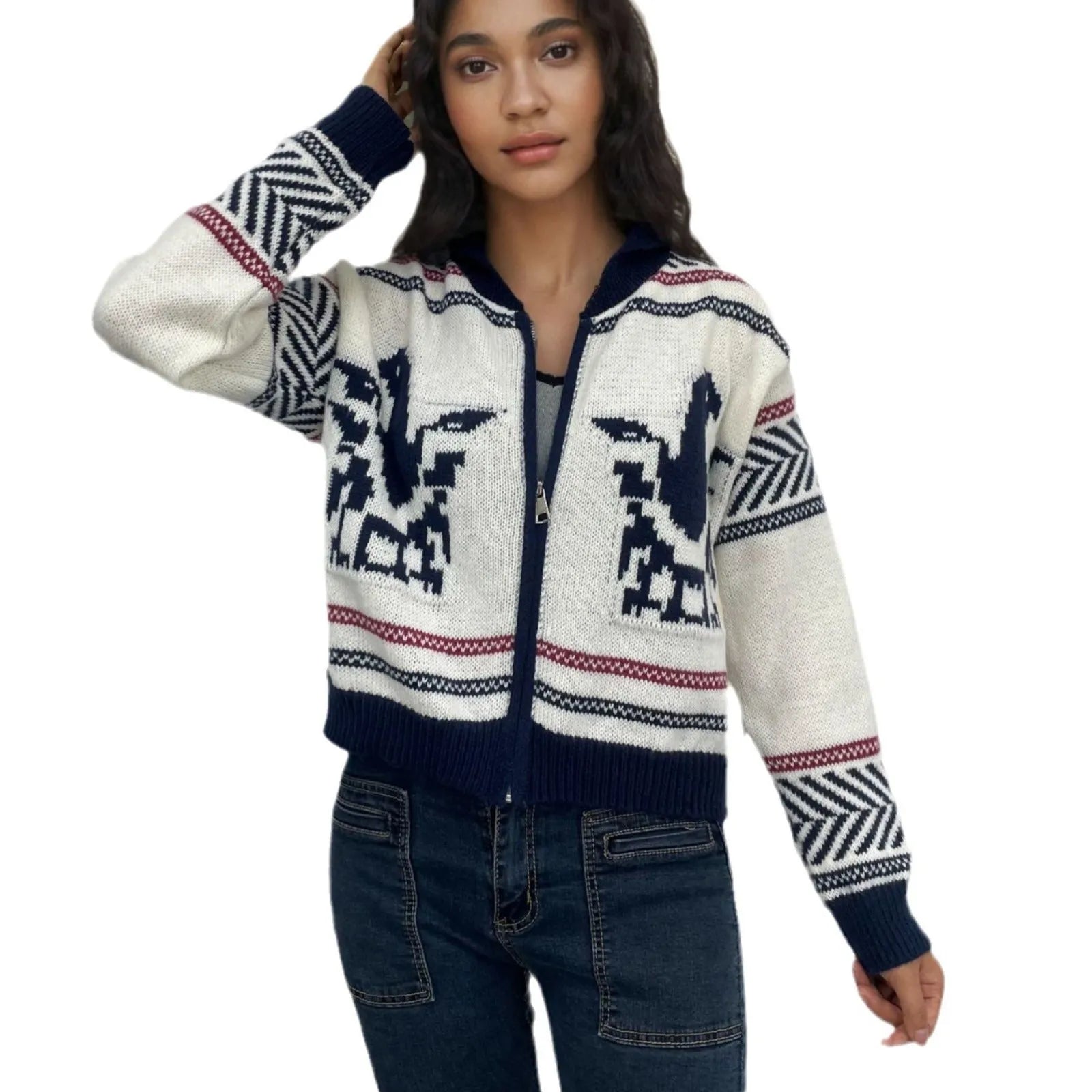 White women's zip-up cardigan with a lapel collar and a jacquard contrast stripe pattern.