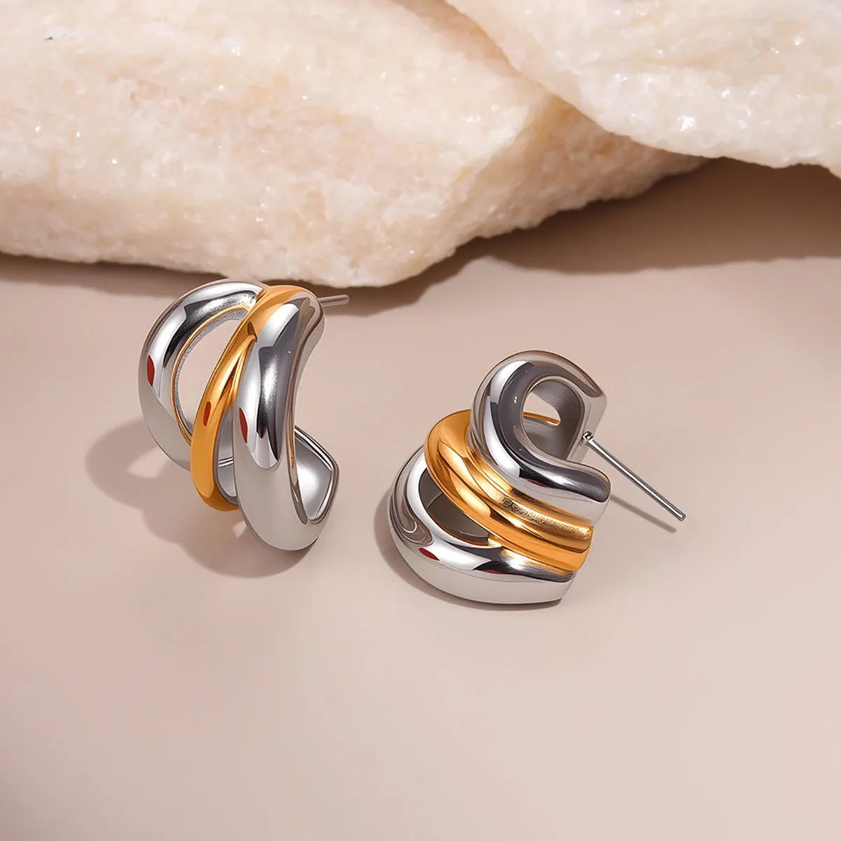 Stainless steel geometric earrings with 18K electroplating, gold and silver colour matching, one pair