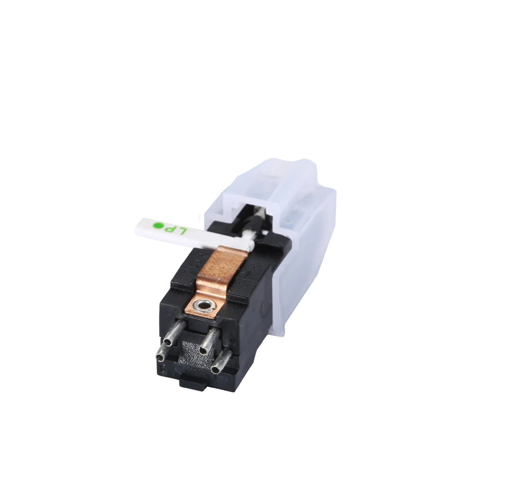Double needle magnetic record player cartridge with ABS plastic shell.