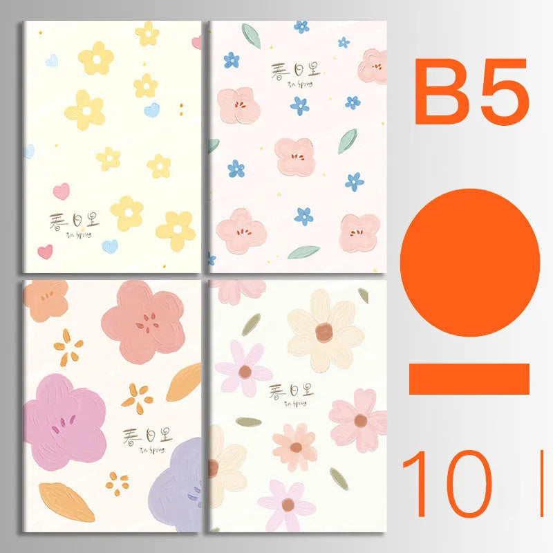 Set of 10 kraft paper notebooks with various hand-painted covers, shown open to display thread binding.