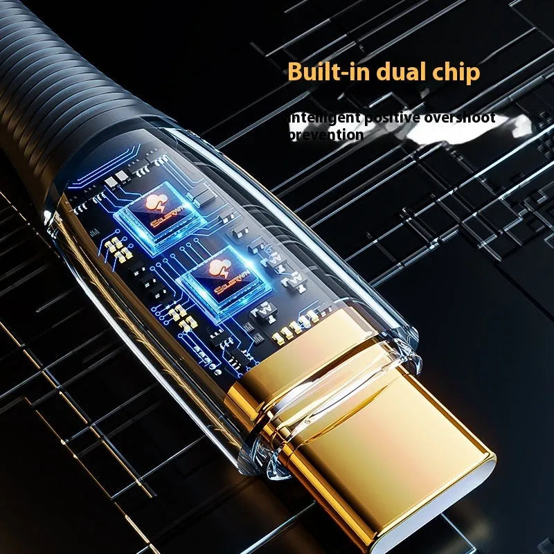 Transparent gold-plated 120W super fast charge Type-C data cable with woven fabric exterior, 2 metres long, black colour