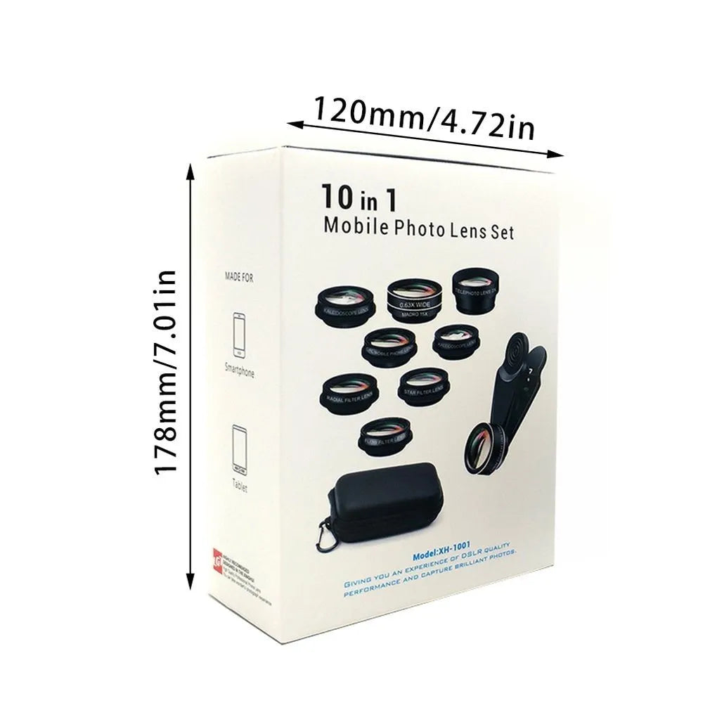 Black ten-in-one smartphone camera lens kit with fisheye, macro, and wide angle external lenses.