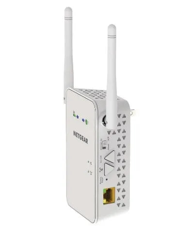 NETGEAR white dual-band WiFi range extender with 1200Mbps speed and gigabit port