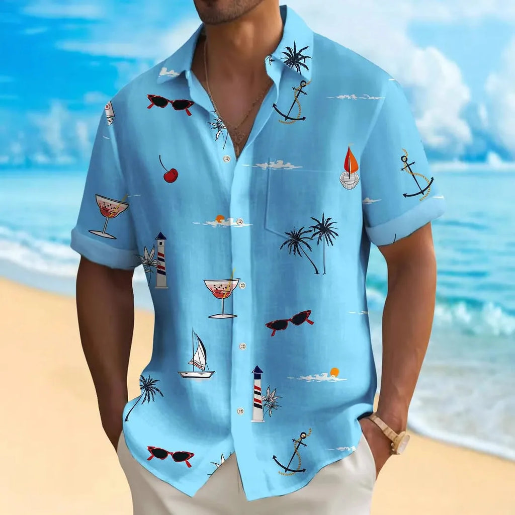 Man wearing a loose-fit short-sleeve Hawaiian shirt with a digital print pattern.