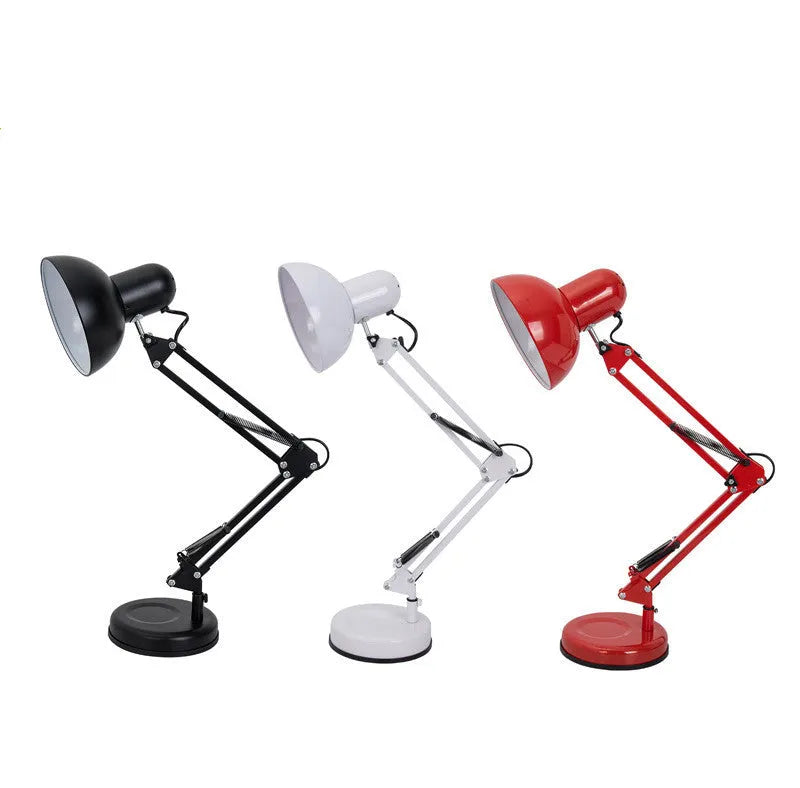 Adjustable long swing arm clip desk lamp in black with iron finish and E27 socket