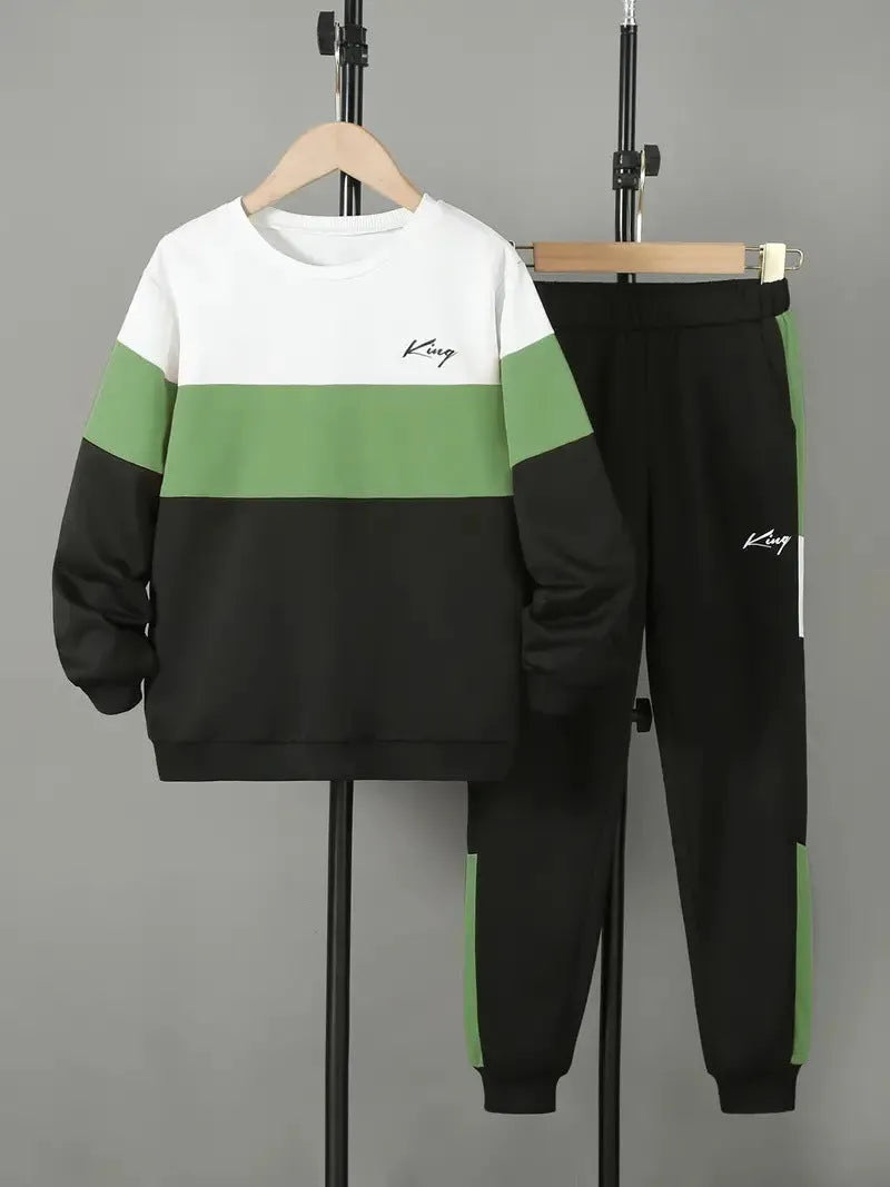 Design Sense boys cotton blend pullover hoodie and jogger trousers two-piece set in multicolour options