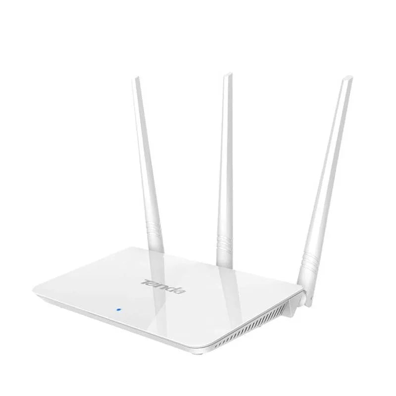 White rectangular dual-band wireless router with status lights, shown on a wooden surface.