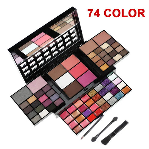 74 colour makeup palette set open to show eyeshadows, lip glosses and brushes in a plastic case with mirror