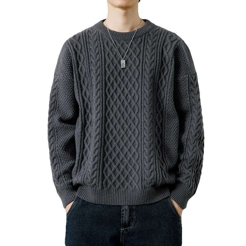 Men's round neck knitted sweater pullover in beige, loose fit polyester fibre top