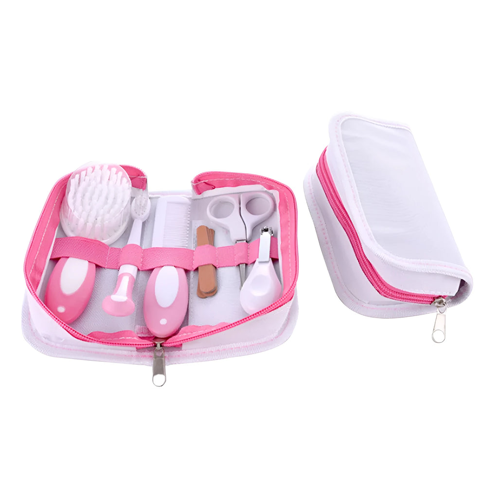 Crimson cherry pink case containing a 6-piece baby nail comb and grooming care set.