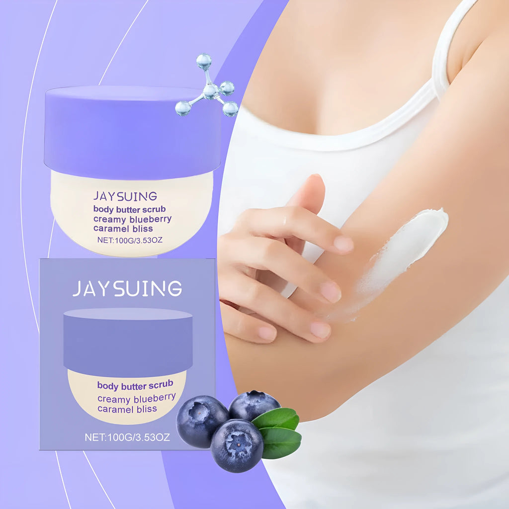 100g blueberry caramel body scrub cream jar with matte cream texture