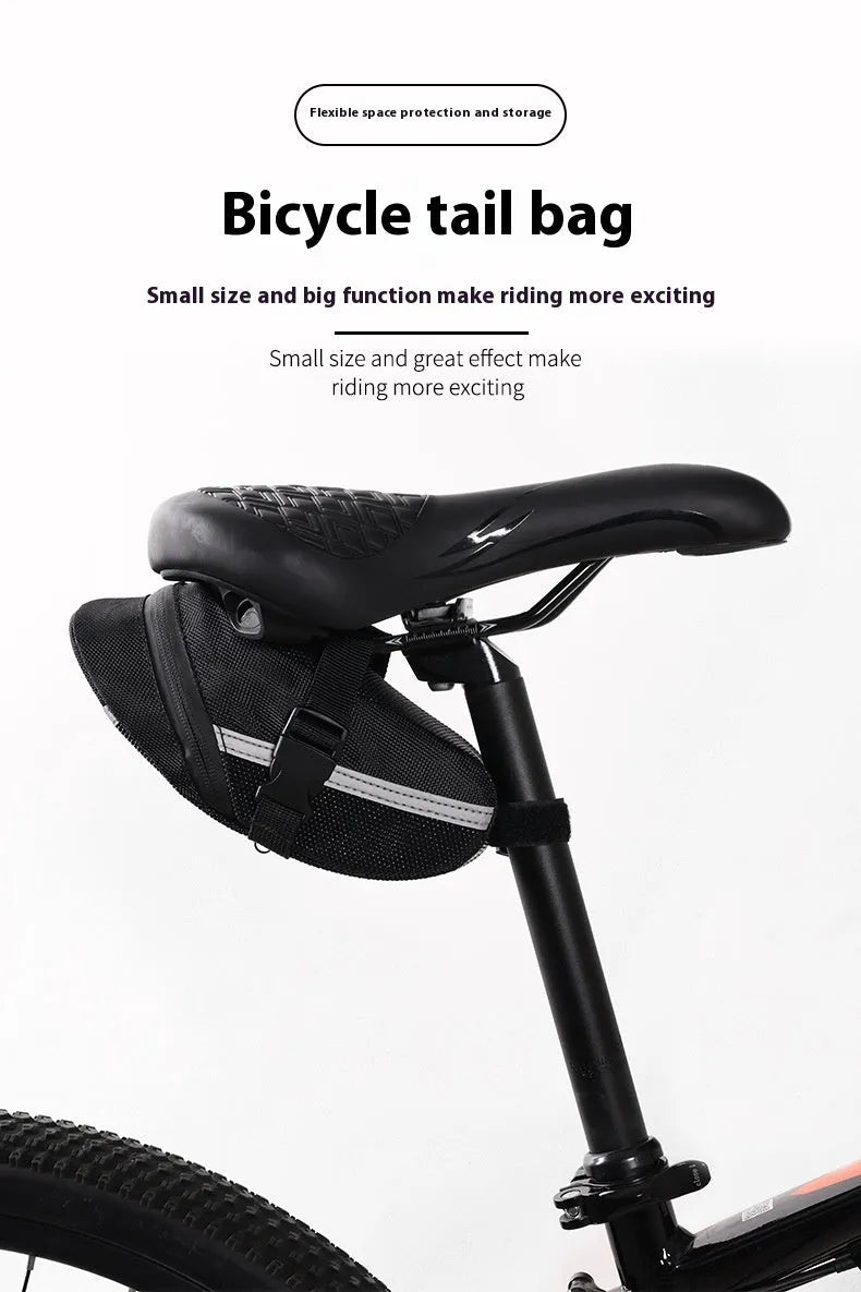 Black quick release bicycle saddle bag mounted under a bike seat