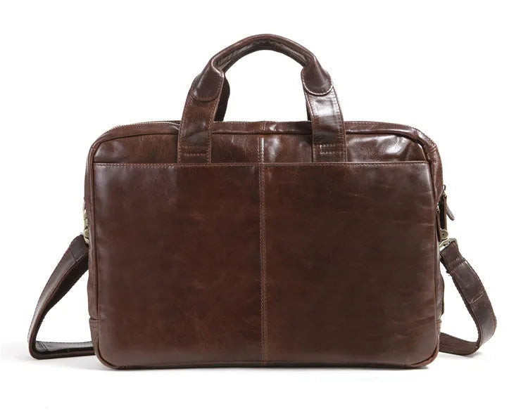 Brown 18-inch men's business briefcase in first layer cowhide leather with computer compartment