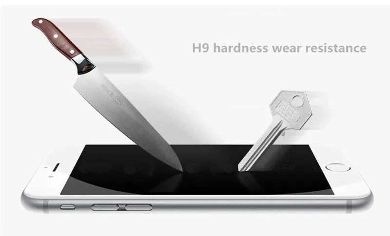Tempered glass screen protector for mobile phone with 9H hardness and oleophobic coating.