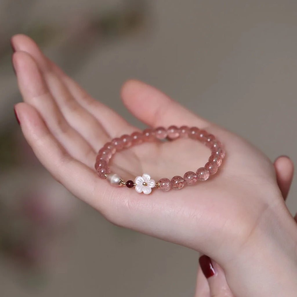 Strawberry quartz peach blossom crystal bracelet with flower charms for women
