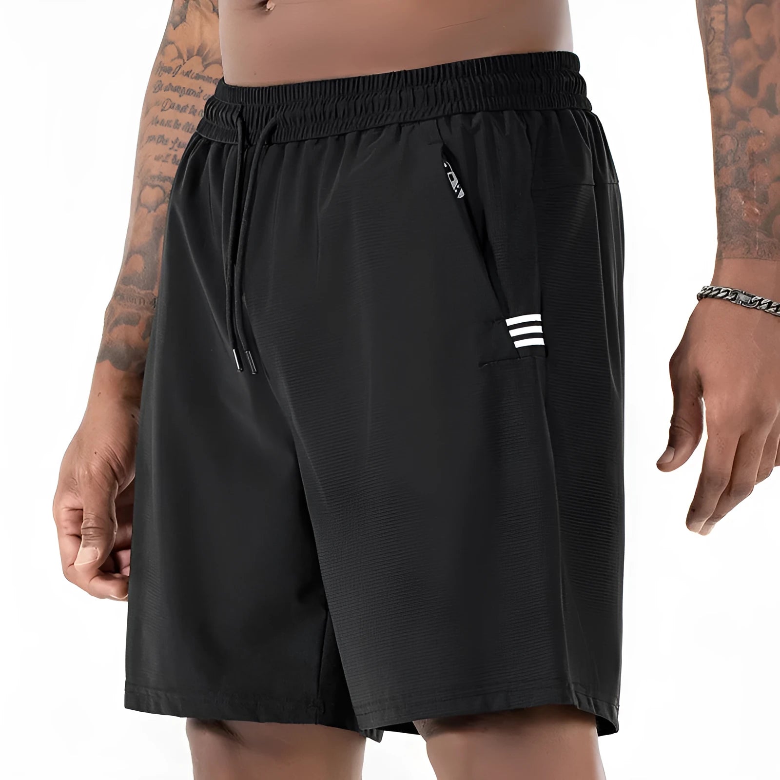 Men's black ice silk quick-drying shorts with drawstring waist and cropped length for sports activities