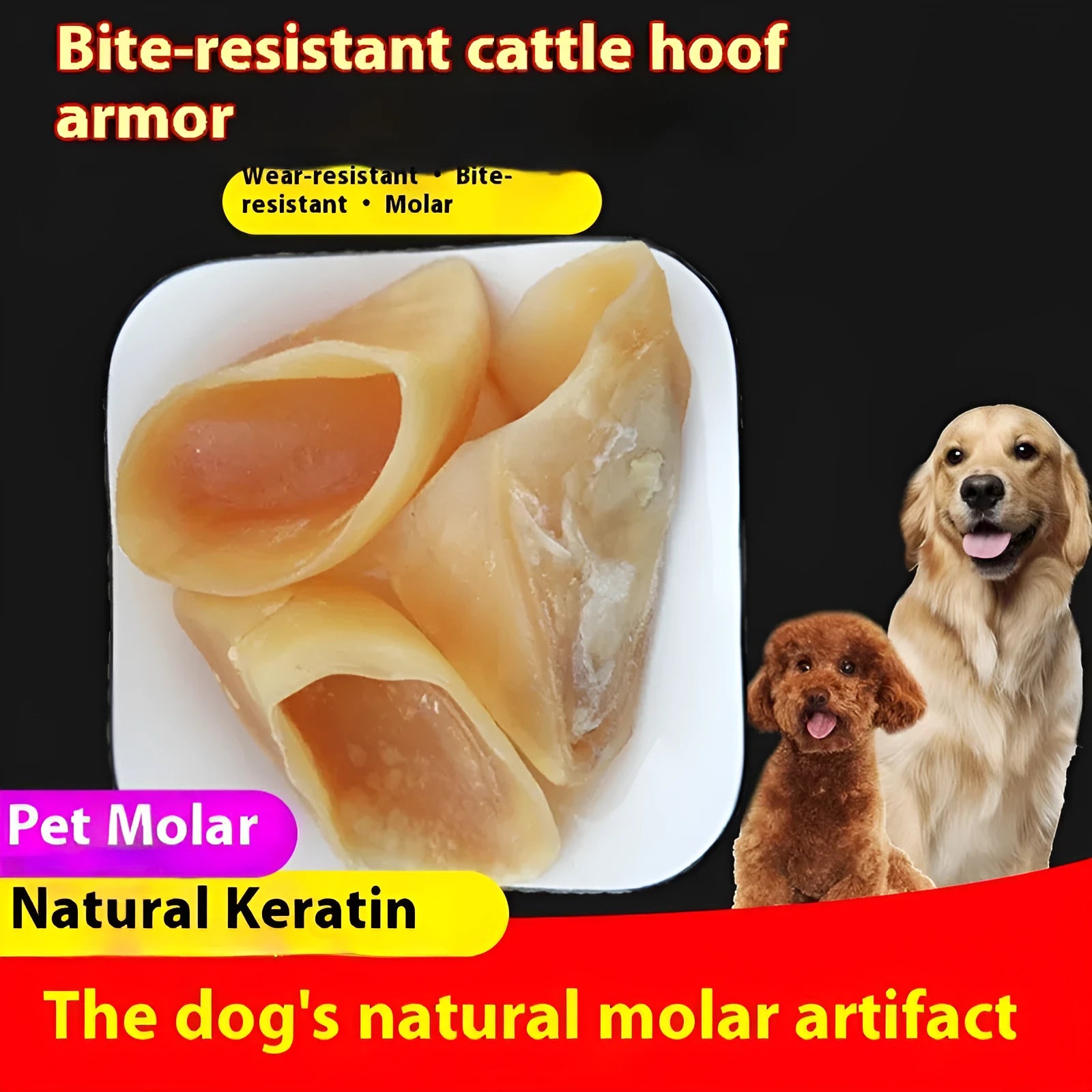 Natural cowhide grinding rod dog chew in hoof shell colour, shown in small and large sizes.