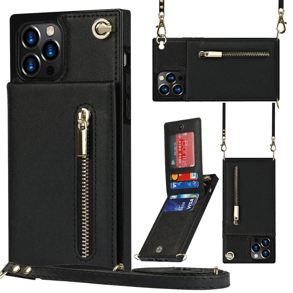 Black leather mobile phone case shown on a smartphone, demonstrating its slim protective design.
