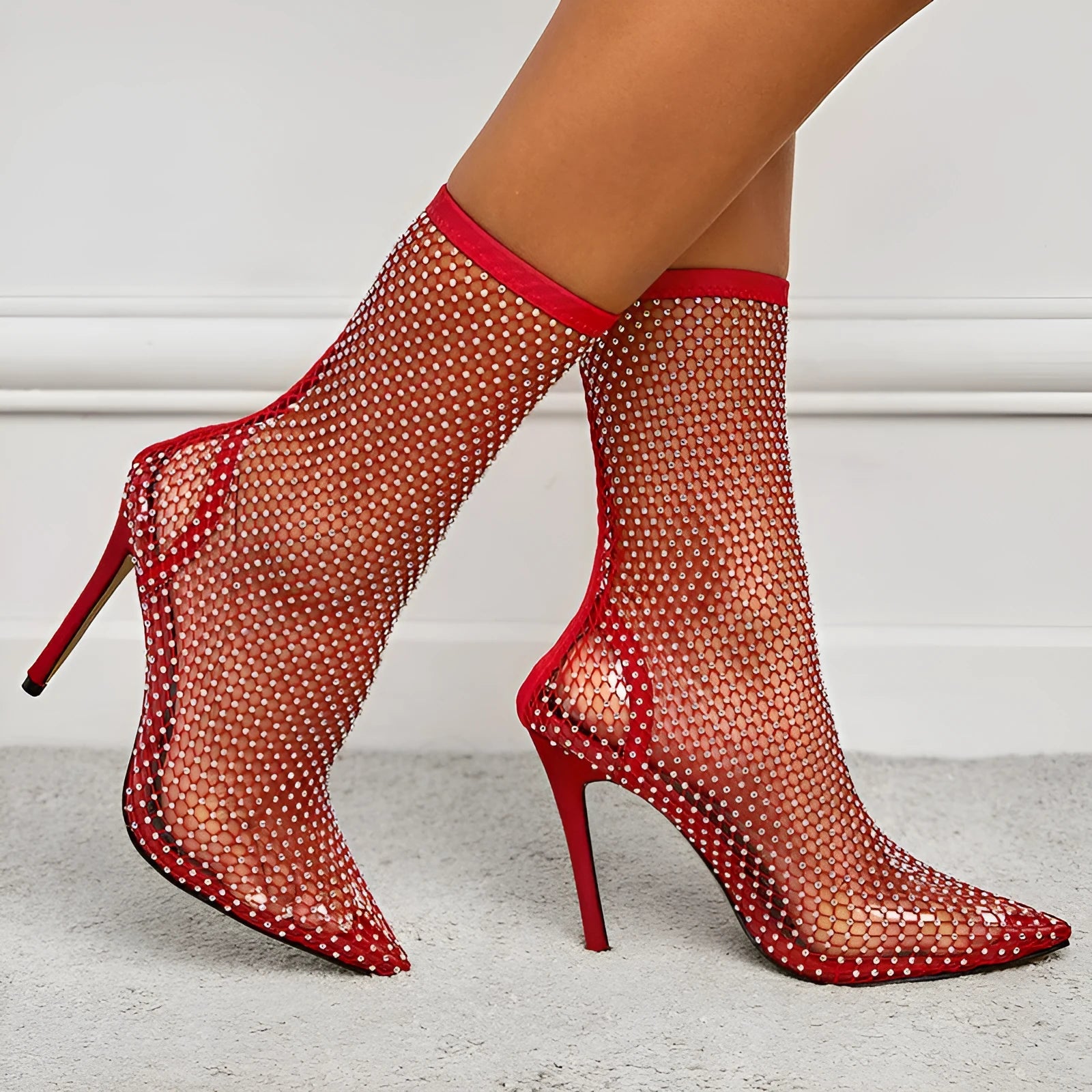 Women's pointed-toe stiletto hollow mesh sandals with oversleeves in black red white sizes UK 3 to 8