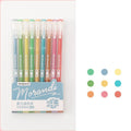 Set of nine gel pens with 0.5mm needle tips in a white plastic storage case.