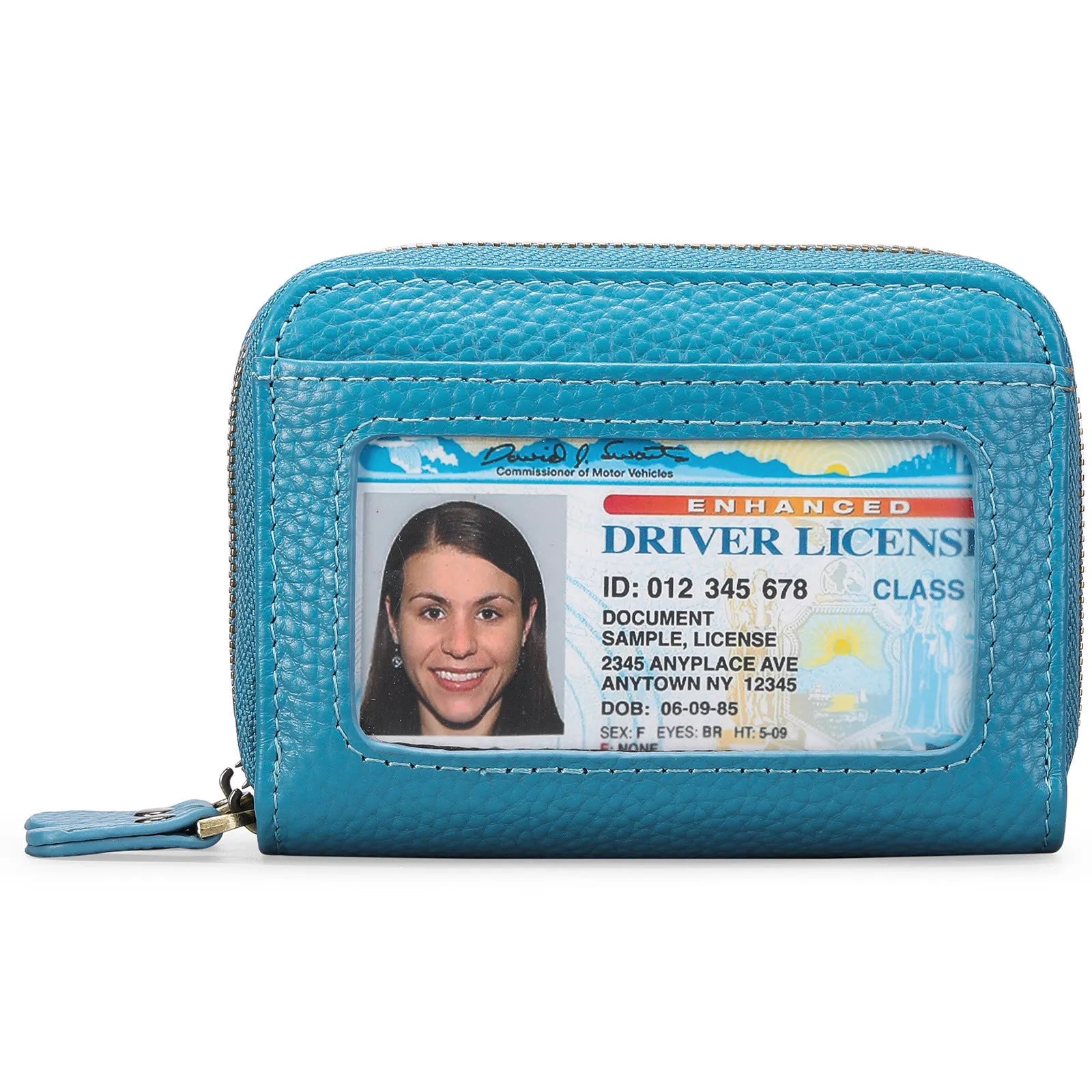 Genuine cowhide leather double layer card holder with zipper, shown in red colour with gift box.