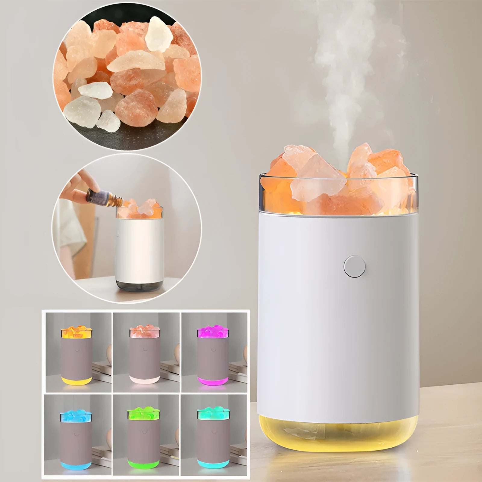 Desktop crystal salt stone ultrasonic essential oil diffuser with colour LED lamp, USB cable, and blue, pink, white options