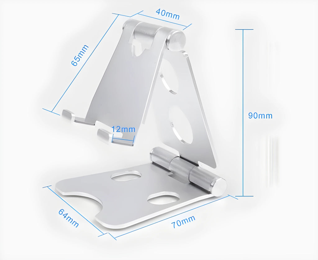 Folding mini mobile phone bracket in black with foldable legs, on a wooden desktop