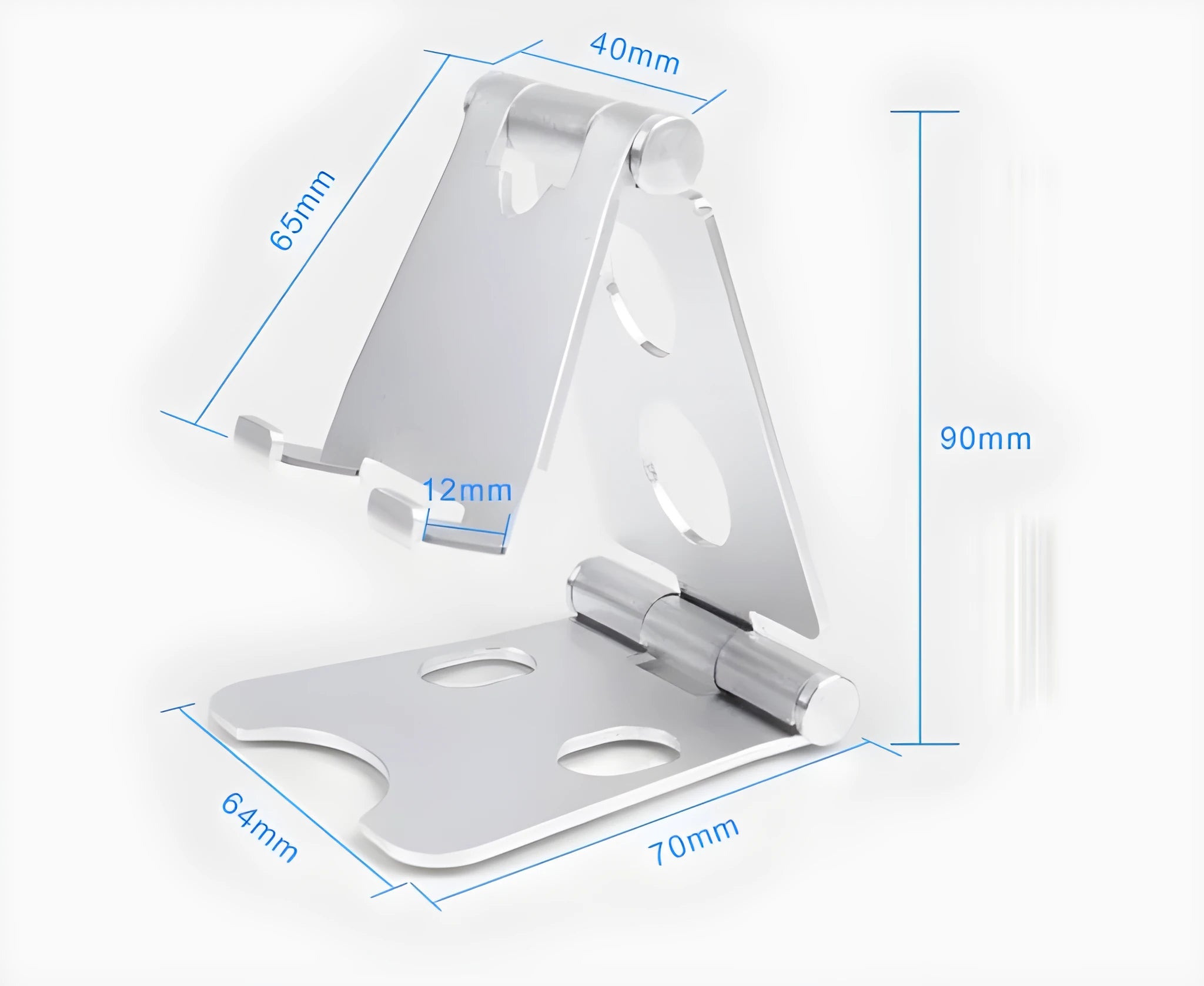 Folding mini mobile phone bracket in black with foldable legs, on a wooden desktop