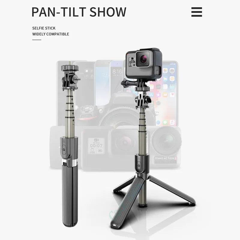 Black aluminium tripod selfie stick extended with an iPhone mounted, showing 186mm to 700mm range.