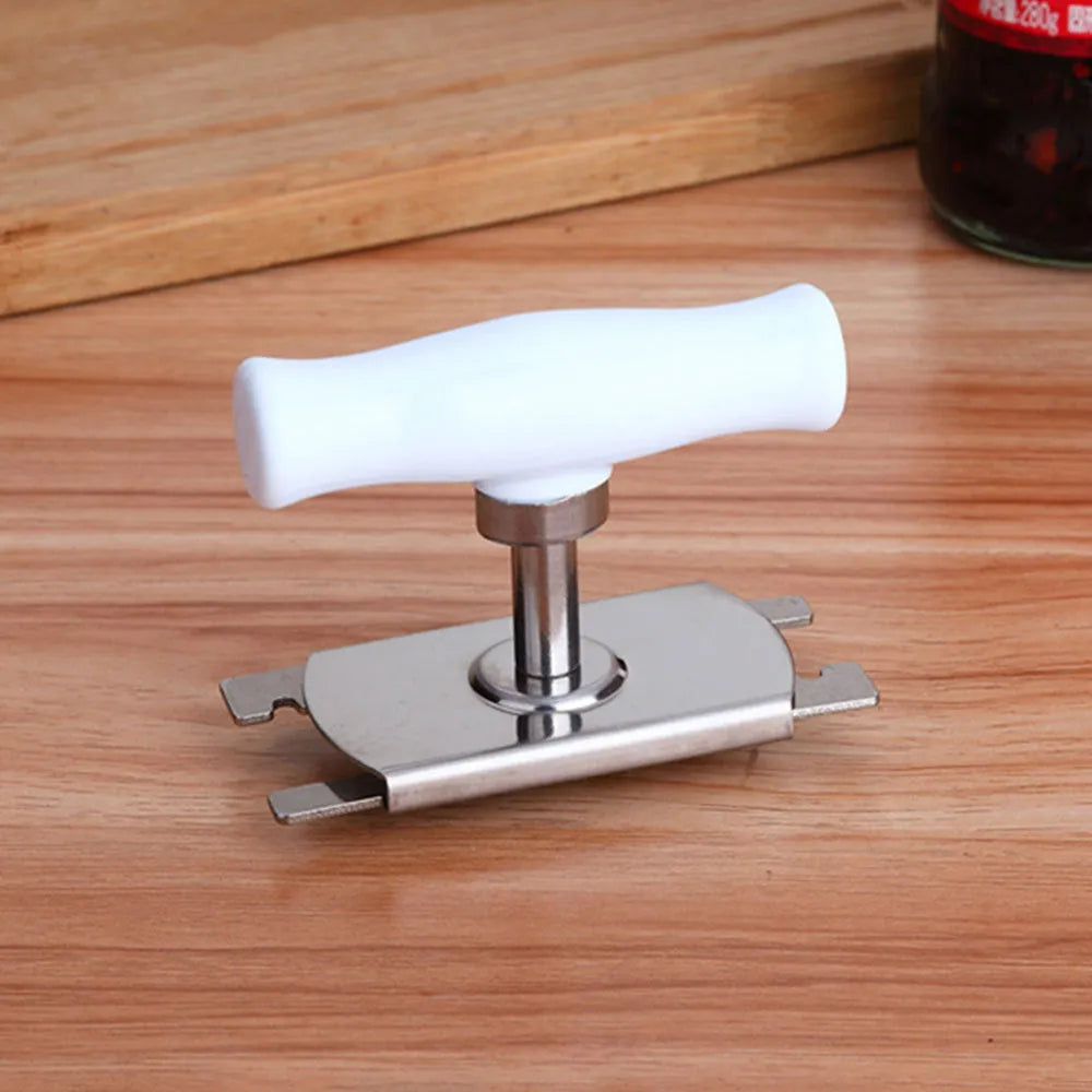 White stainless steel adjustable bottle opener with ABS plastic handle showing gear mechanism