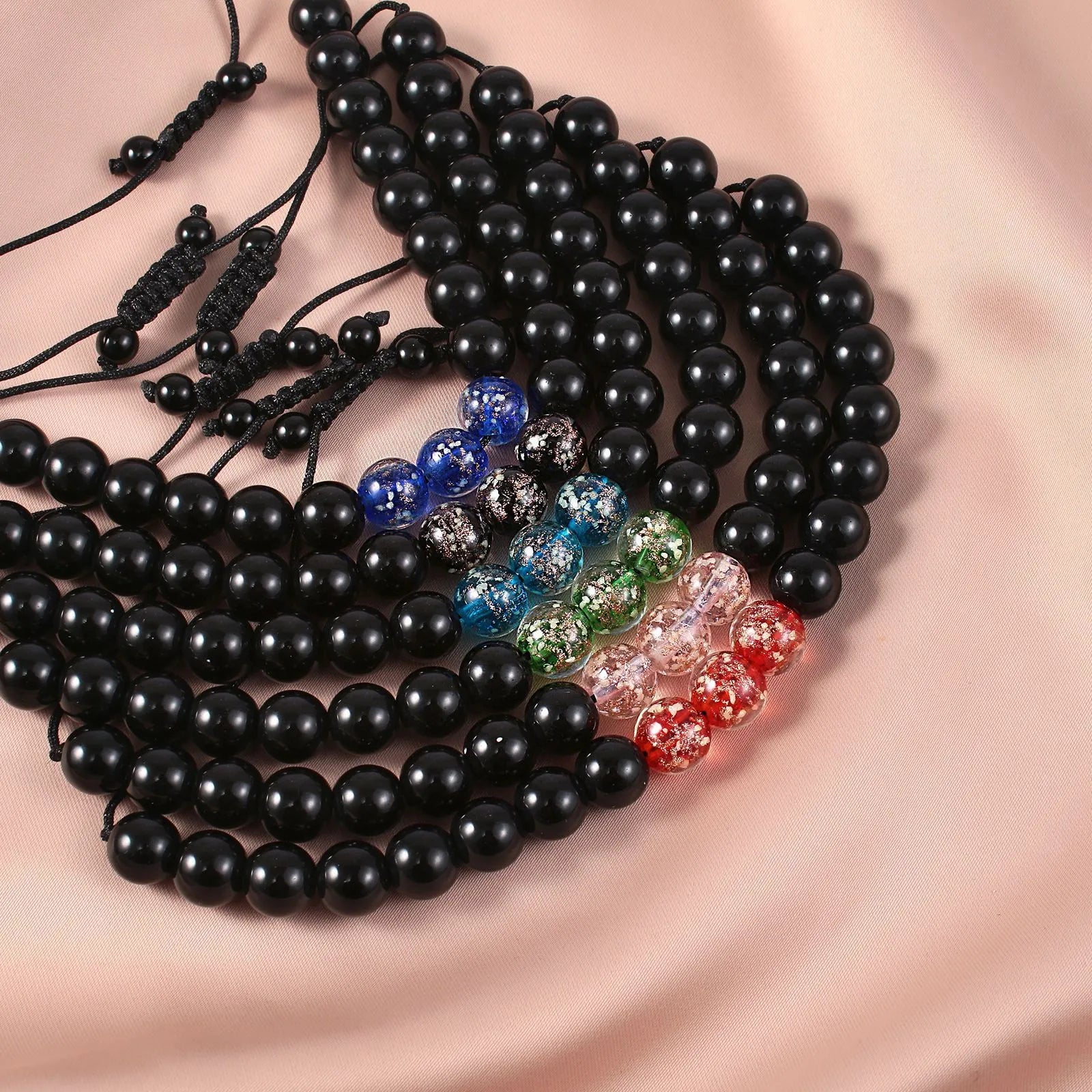 Adjustable luminous glass bead bracelet in geometry shape with coloured glaze finish