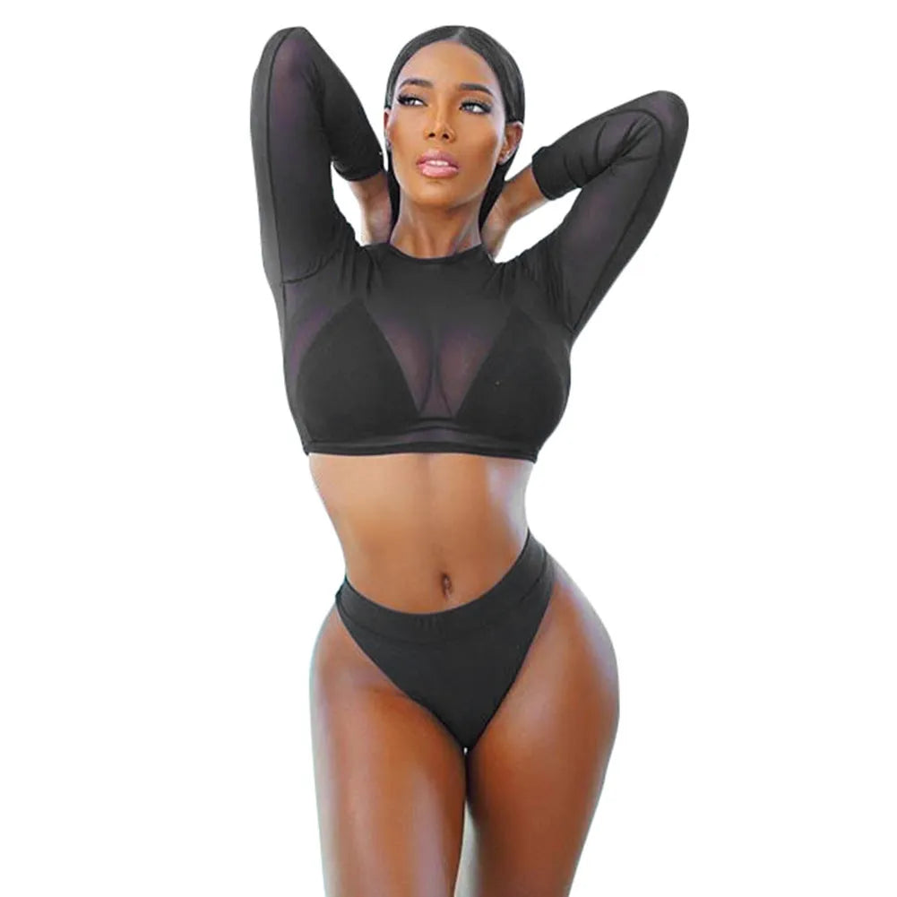 Orange solid three-piece bikini set with high waist, padded top, and see-through fabric panels
