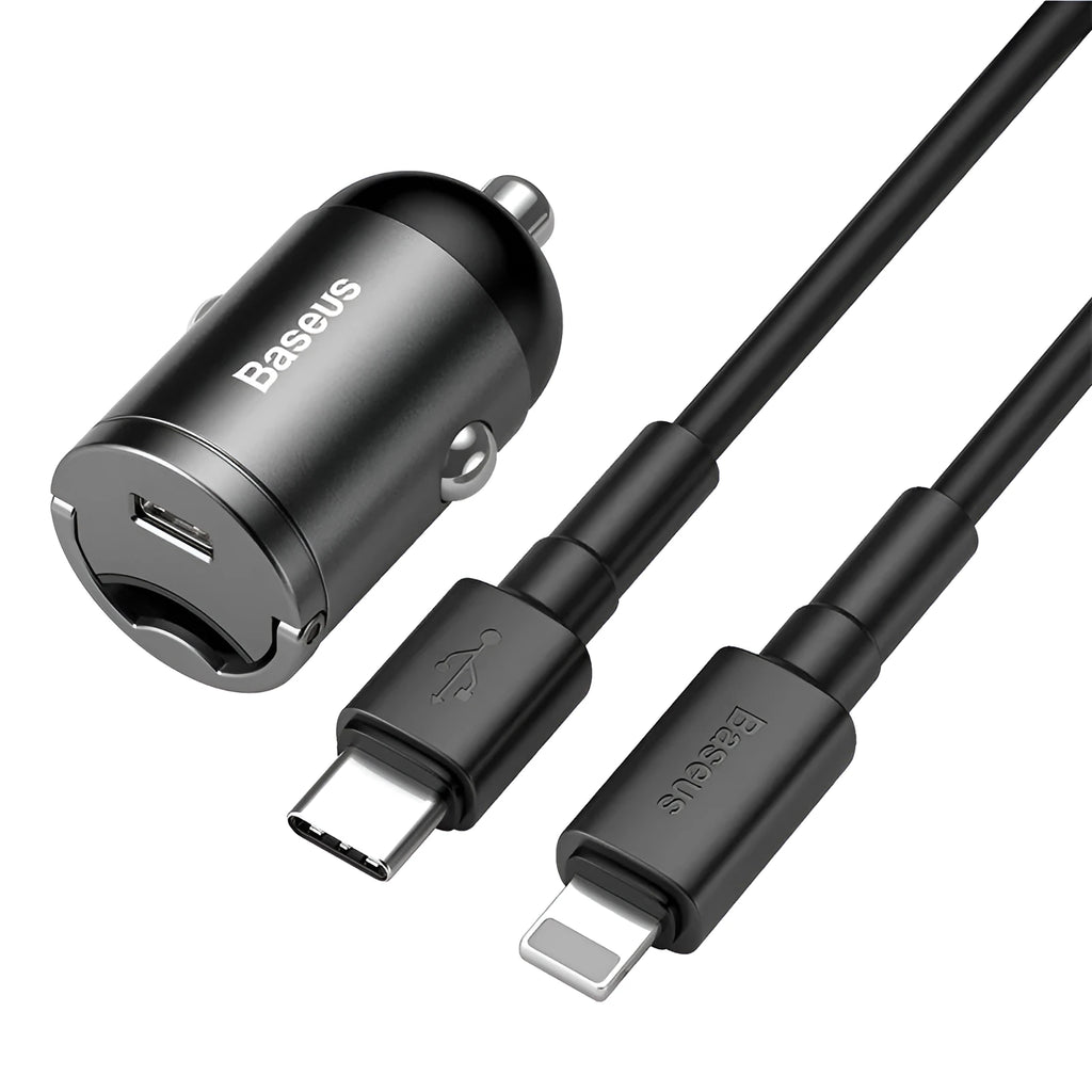 Electro-optical grey 30W USB car charger with a 1 metre long cable plugged into a vehicle socket.