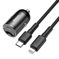 Electro-optical grey 30W USB car charger with a 1 metre long cable plugged into a vehicle socket.