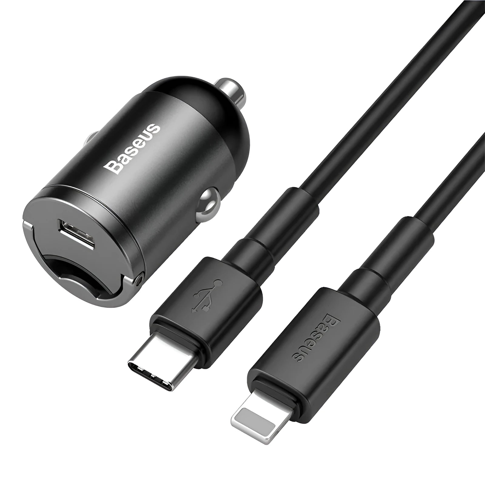 Electro-optical grey 30W USB car charger with a 1 metre long cable plugged into a vehicle socket.