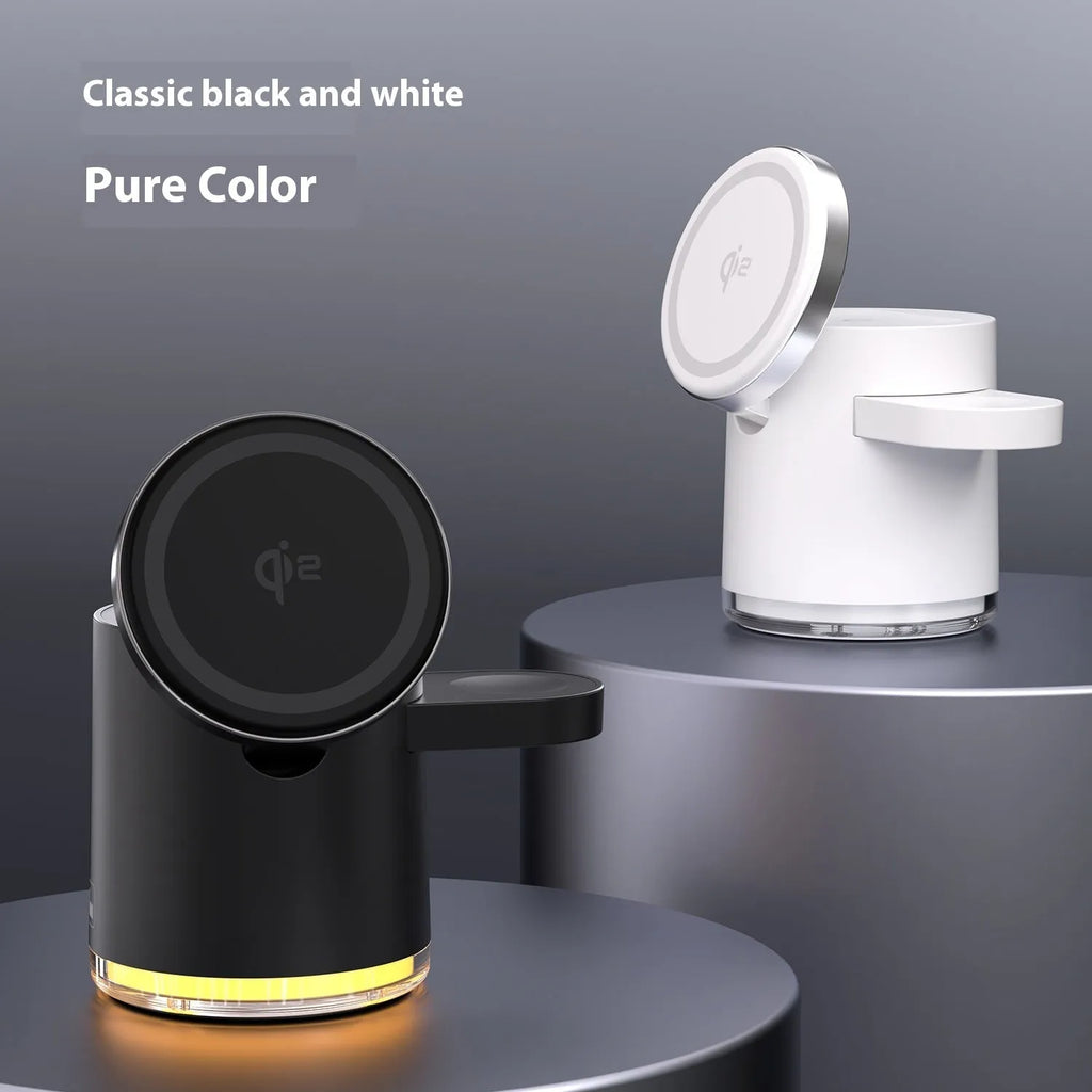 Portable ivory white magnetic folding wireless charger showing phone, watch, and earbuds charging simultaneously.
