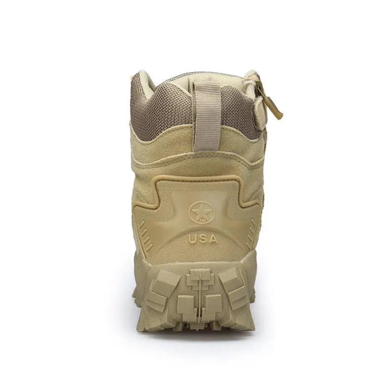 Men's black US Army Delta tactical boots with leather and velvet uppers on an outdoor trail.