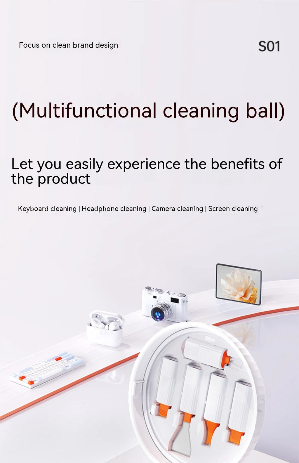 Multi functional cleaning set with ABS, sponge, fiber flannel, silicone, and 304 stainless steel, 93mm size