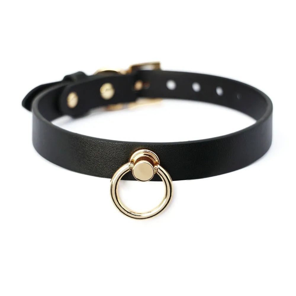 Genuine cowhide leather collar with drag chain and pull lead attachment in black.