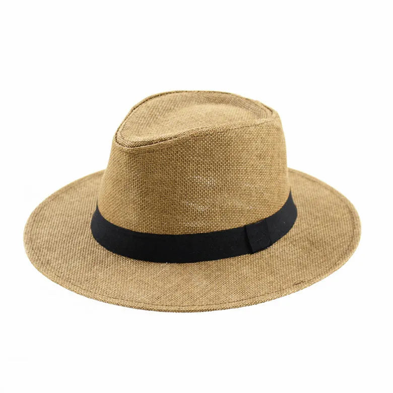 Men's wide brim flat top sun hat in beige colour with paper construction and 6-7cm brim