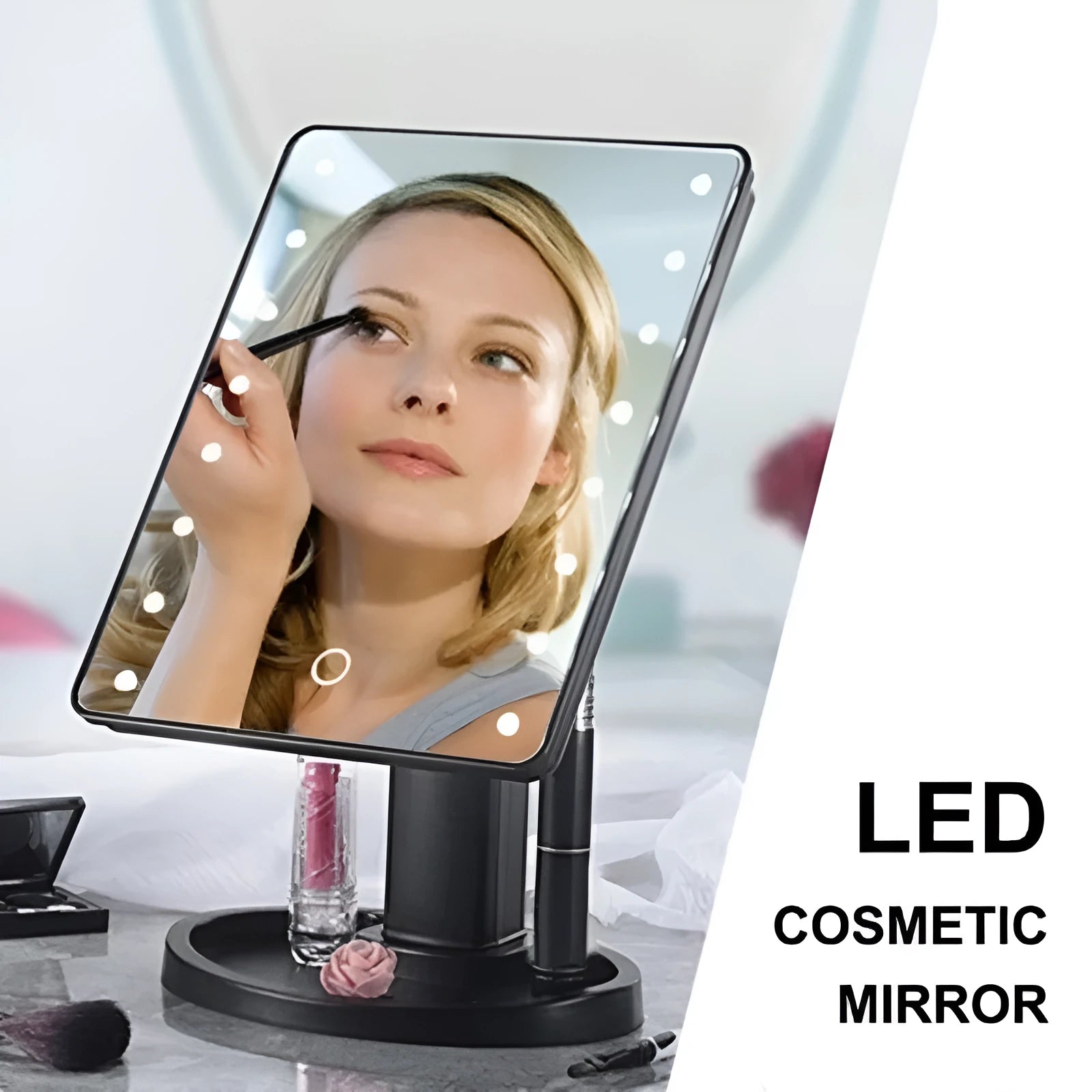 Portable 360 degree rotation touch induction tabletop cosmetic mirror with 22 LED lamp beads in black finish, measuring 17 by 22 cm