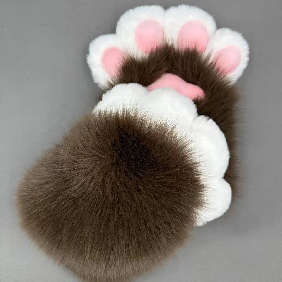 A pair of colourful animal claw cosplay gloves in nylon material on a neutral background.