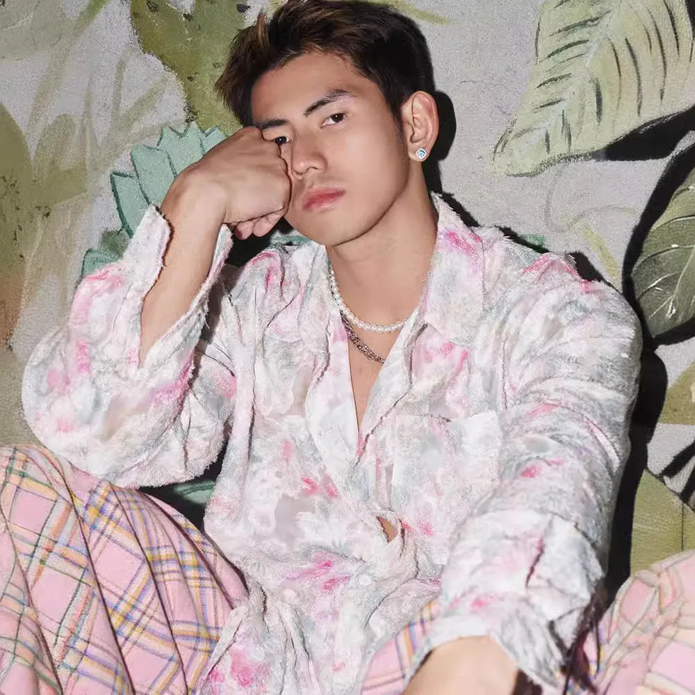 Men's loose fit long sleeve shirt with a raised 3D floral pattern in a pink colour option.
