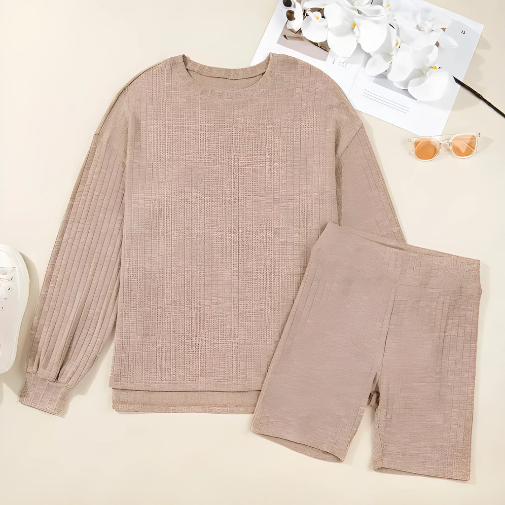 Dark khaki ribbed lantern sleeve sweater and motorcycle knit shorts set for women