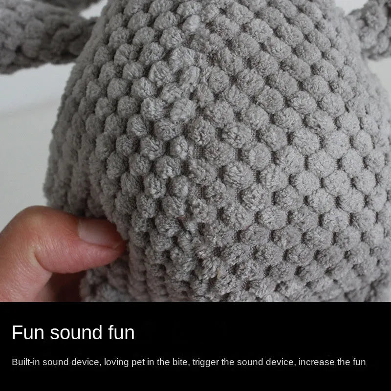 Four animal-shaped dog plush toys: donkey, elephant, orangutan and rabbit designs with squeakers