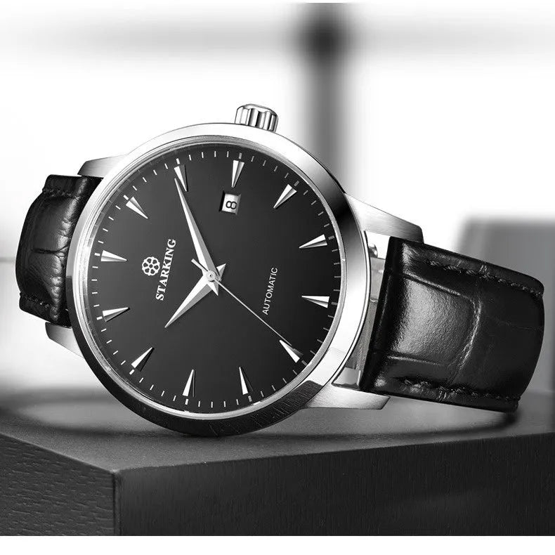Starking Star Watch automatic men with black dial, light brown leather band, and steel case