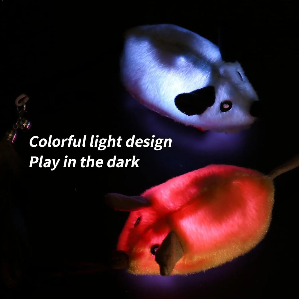 Grey and yellow interactive cat mouse toy with feather tail and LED lights for indoor feline exercise